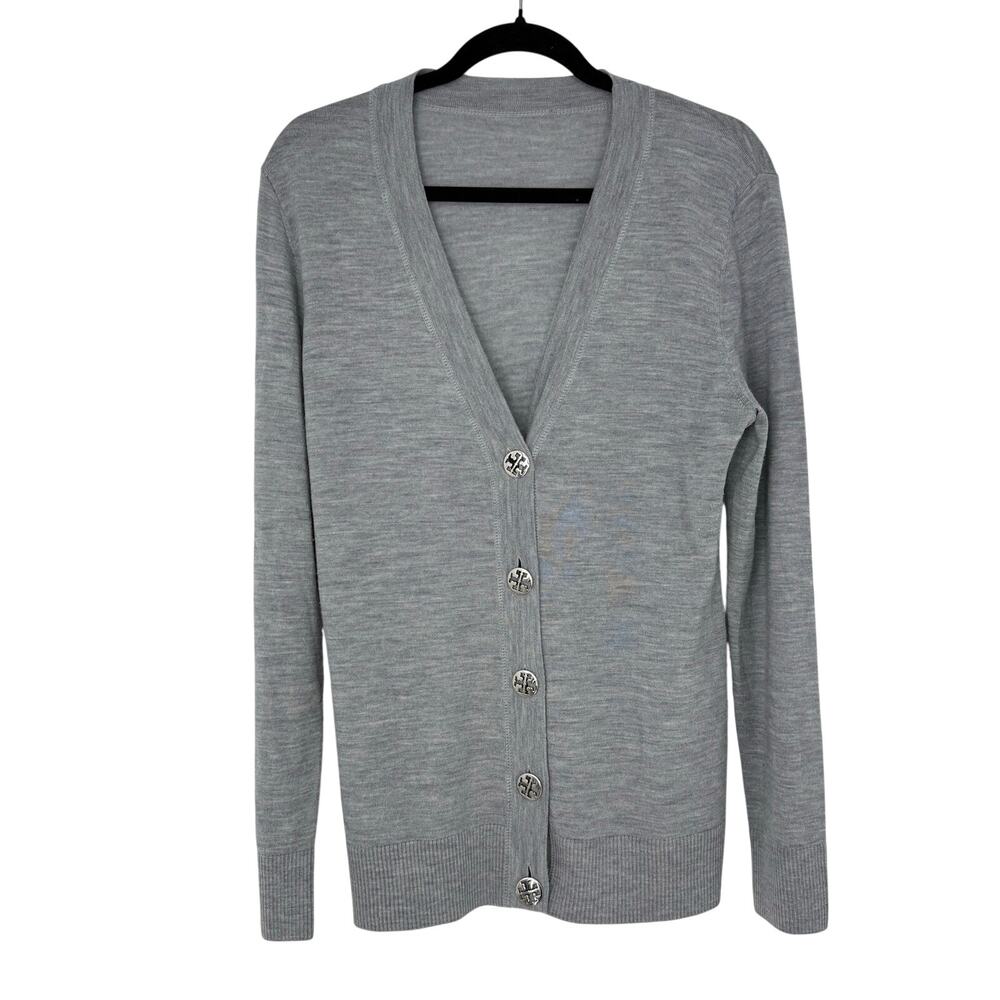 Tory Burch Simone Gray 100% Merino Wool Button Cardigan Sweater M Quiet Luxury - Picture 1 of 7